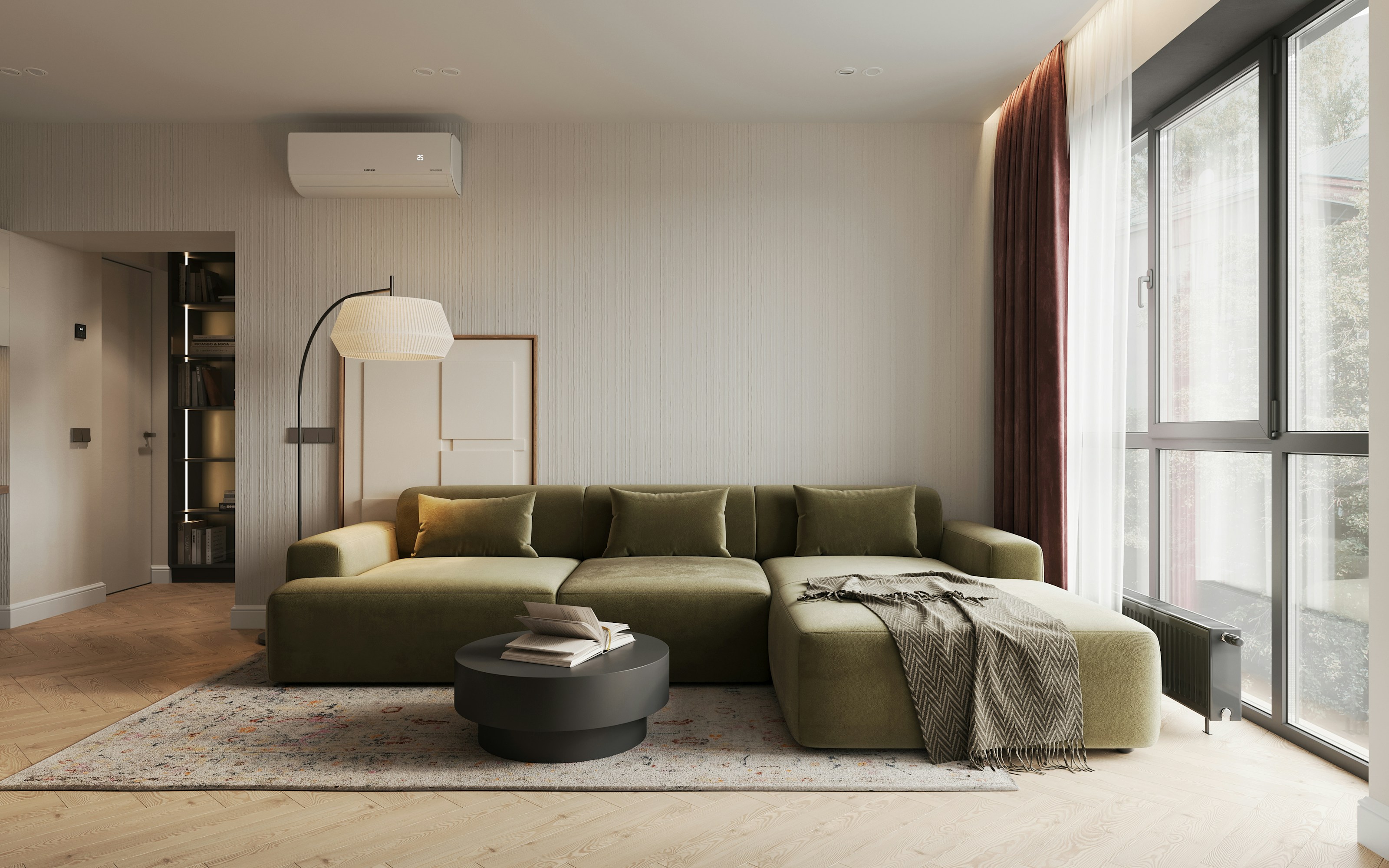 Salon contemporain au canapé vert forêt, baigné de lumière naturelle